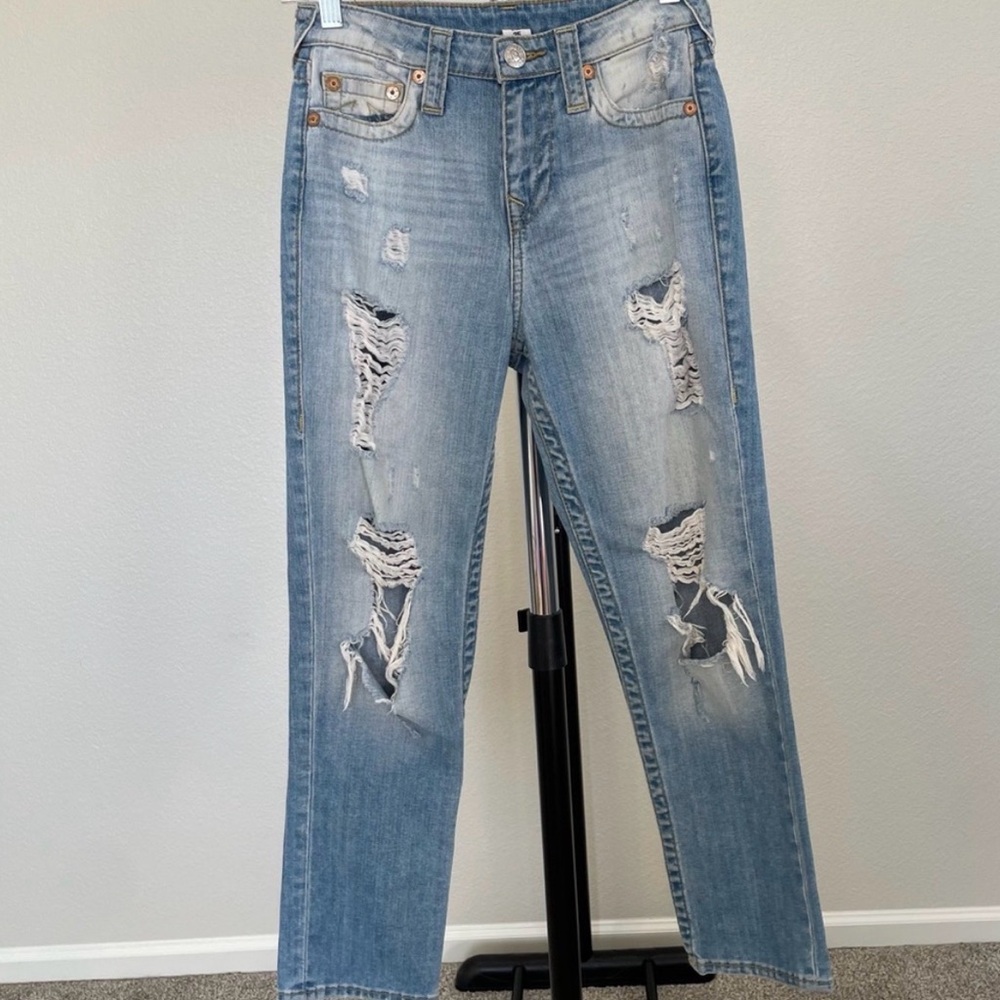 True Religion Medium Blue Ripped Straight Leg Jeans size 25‎